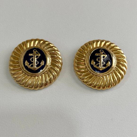 Vintage Nautical Sailor Anchor Navy Enamel Gold Round Shoe Purse Accessory Clips - Picture 2 of 7